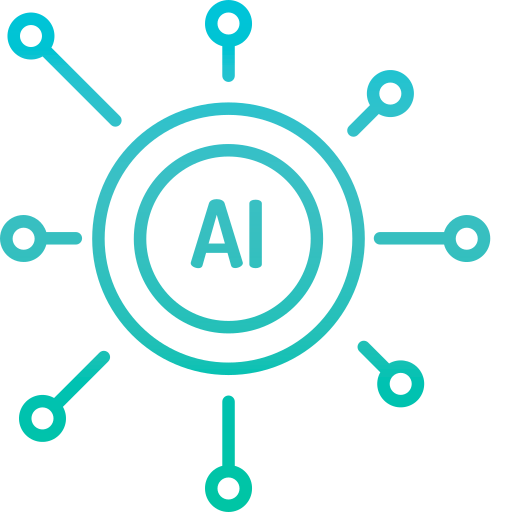 Netzwerk-Icon, in dessen Mitte (AI) künstliche Intelligenz steht, als Symbol für Optimierung auf Netzwerkebene (durch KI)